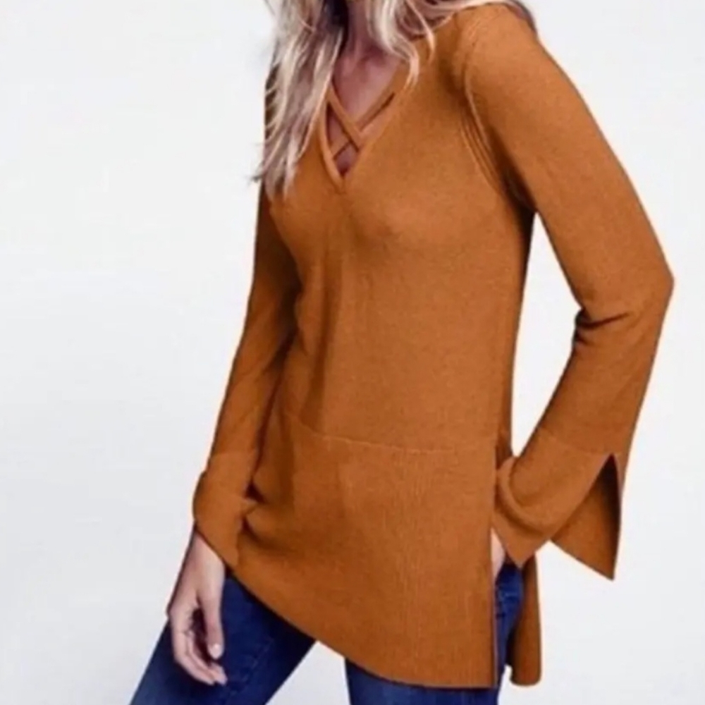 Free People Criss Cross V-Neck Tunic Sweater Dress Brown M Long Sleeve Knit Slit